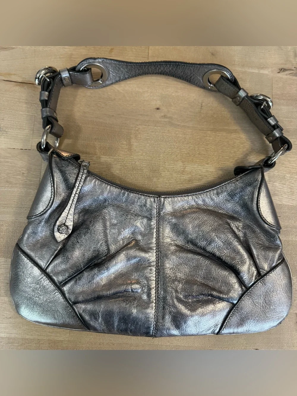 Francesco Biasia Metallic Pewter Leather Hobo Shoulder Bag y2k